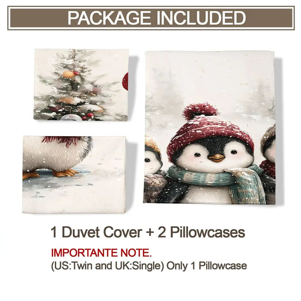 Christmas Cute Penguins Merry Christmas White Christmas Gift Duvet Cover Set Kids Bedding Set