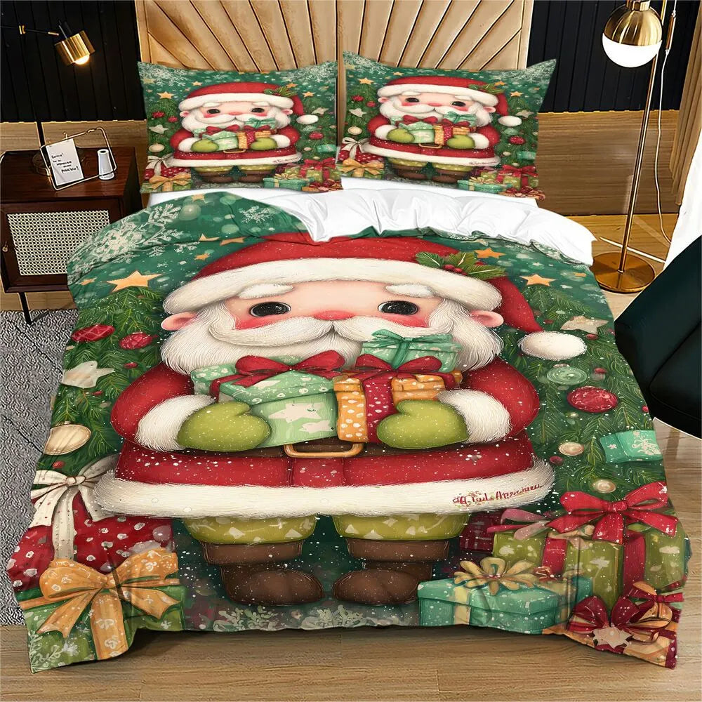 Christmas Cute Santa Gifts Green Christmas Gift Duvet Cover Set Kids Bedding Set