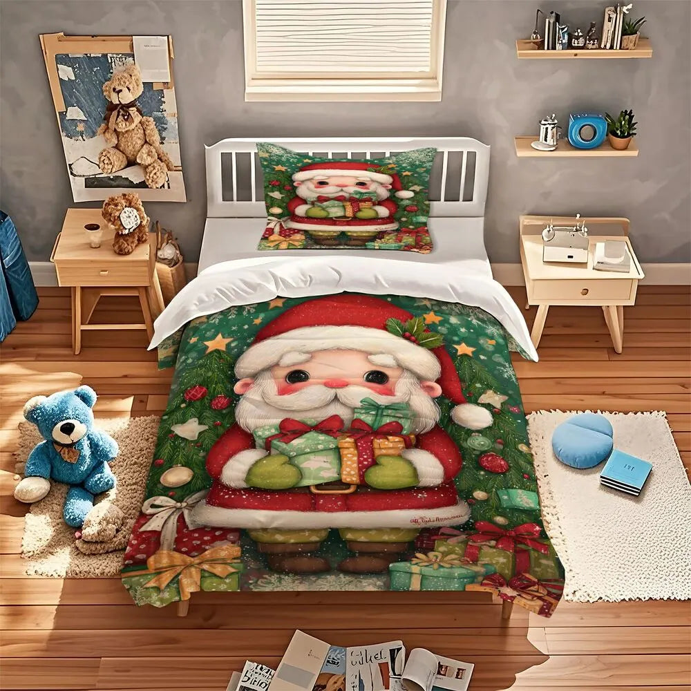 Christmas Cute Santa Gifts Green Christmas Gift Duvet Cover Set Kids Bedding Set
