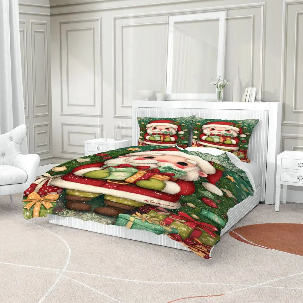 Christmas Cute Santa Gifts Green Christmas Gift Duvet Cover Set Kids Bedding Set