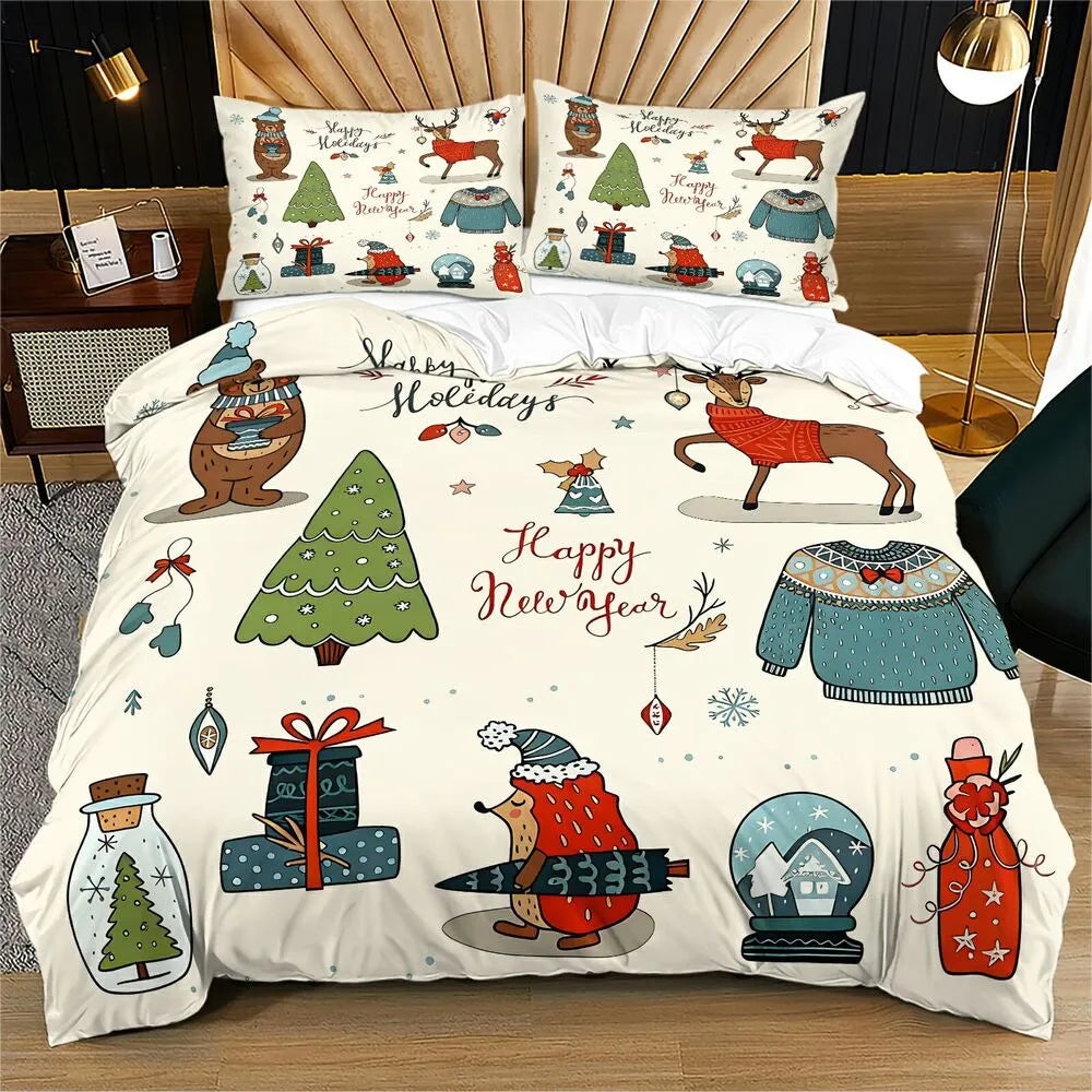 Christmas Forest Animals Happy New Year Christmas Gift Duvet Cover Set Kids Bedding Set