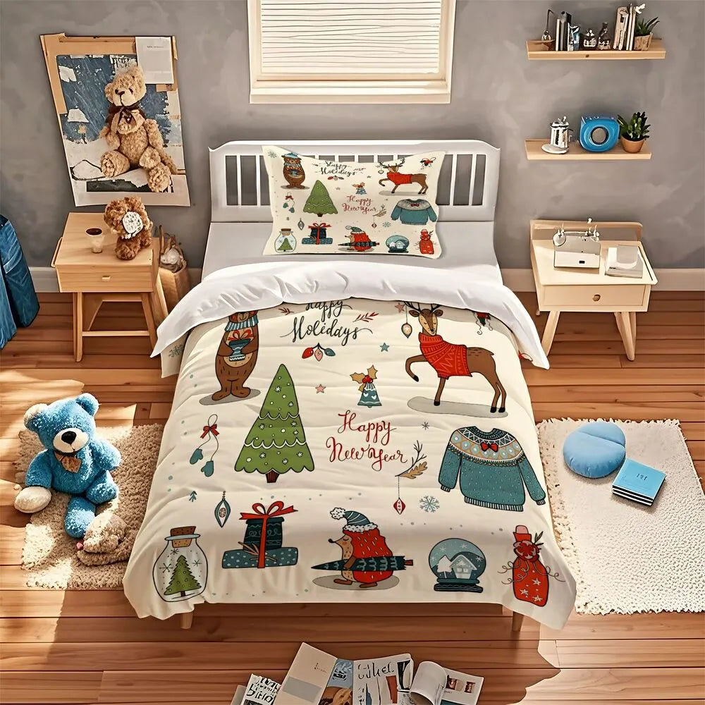Christmas Forest Animals Happy New Year Christmas Gift Duvet Cover Set Kids Bedding Set
