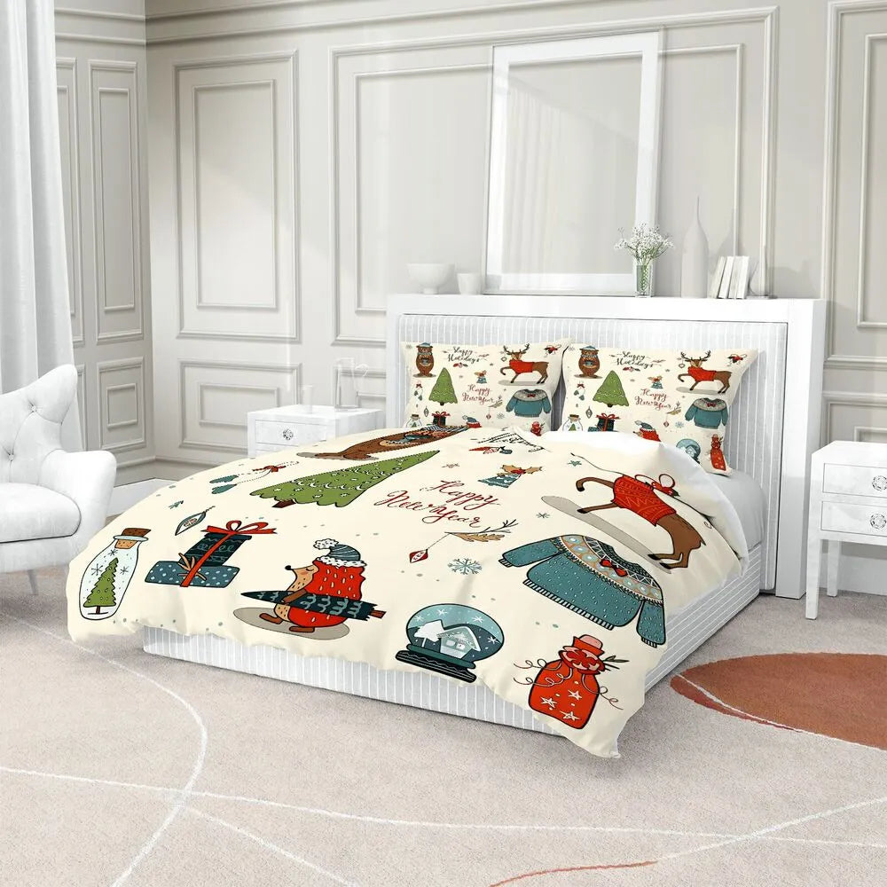 Christmas Forest Animals Happy New Year Christmas Gift Duvet Cover Set Kids Bedding Set