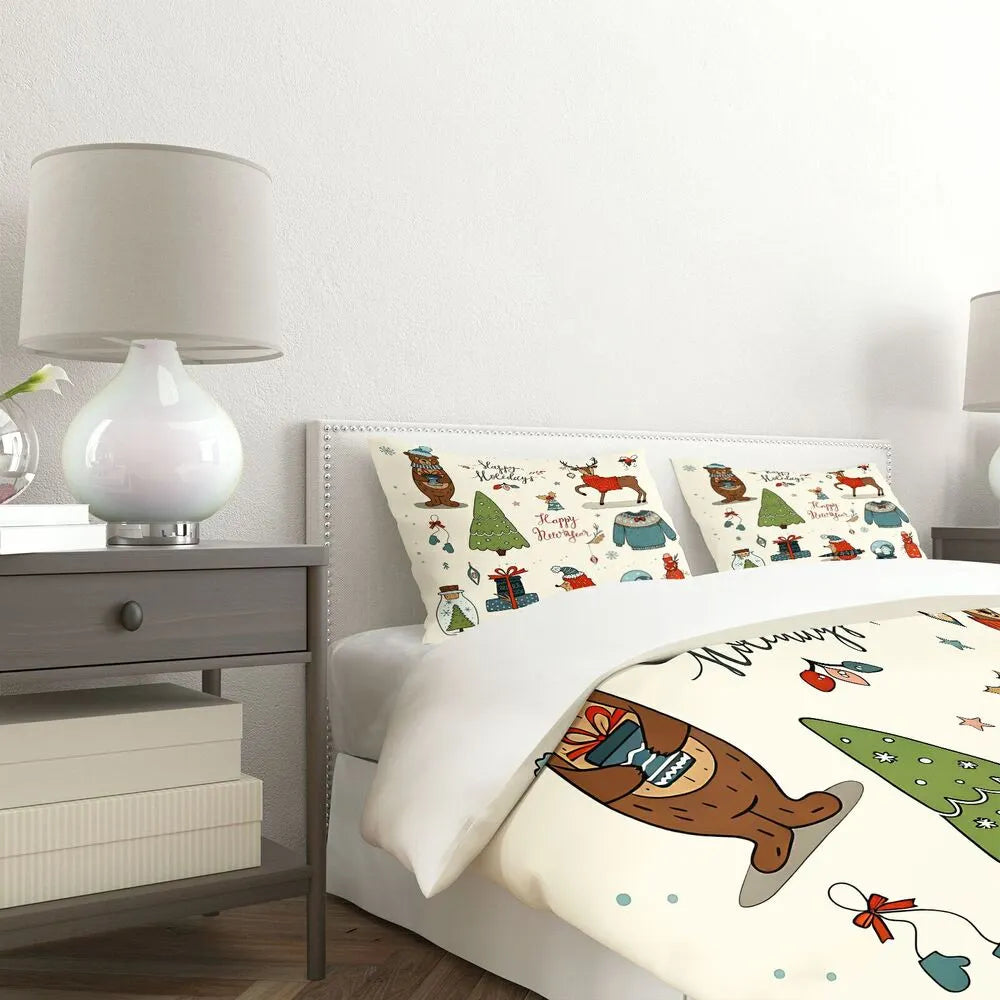 Christmas Forest Animals Happy New Year Christmas Gift Duvet Cover Set Kids Bedding Set