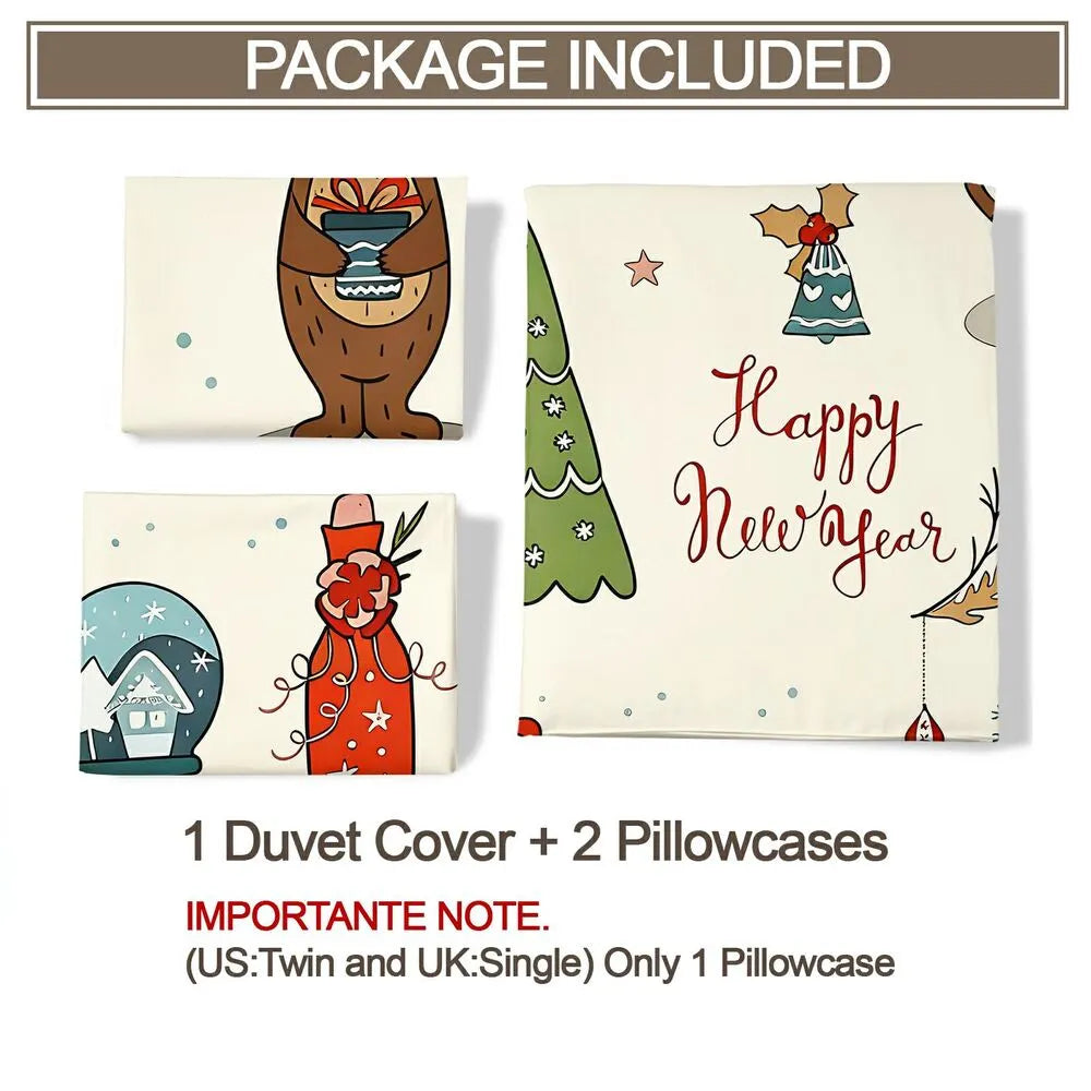 Christmas Forest Animals Happy New Year Christmas Gift Duvet Cover Set Kids Bedding Set