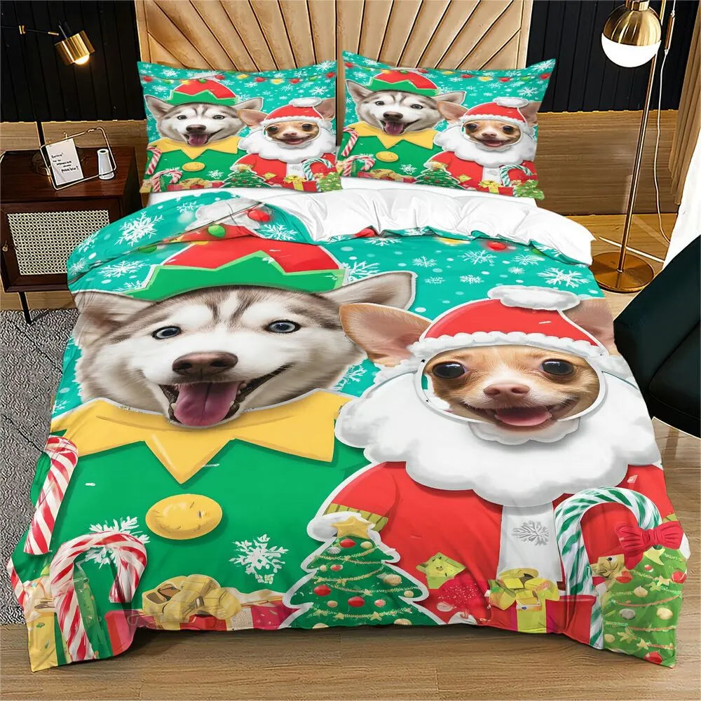 Christmas Funny Husky Chihuahua Santa Elf Teal Christmas Gift Duvet Cover Set Kids Bedding Set