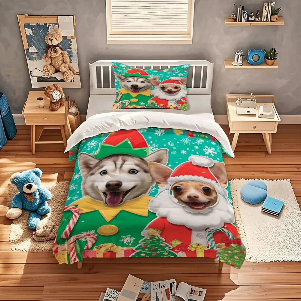 Christmas Funny Husky Chihuahua Santa Elf Teal Christmas Gift Duvet Cover Set Kids Bedding Set