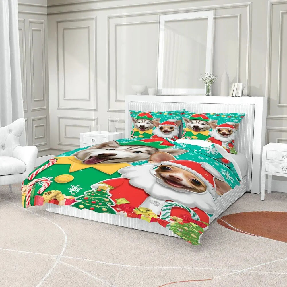 Christmas Funny Husky Chihuahua Santa Elf Teal Christmas Gift Duvet Cover Set Kids Bedding Set