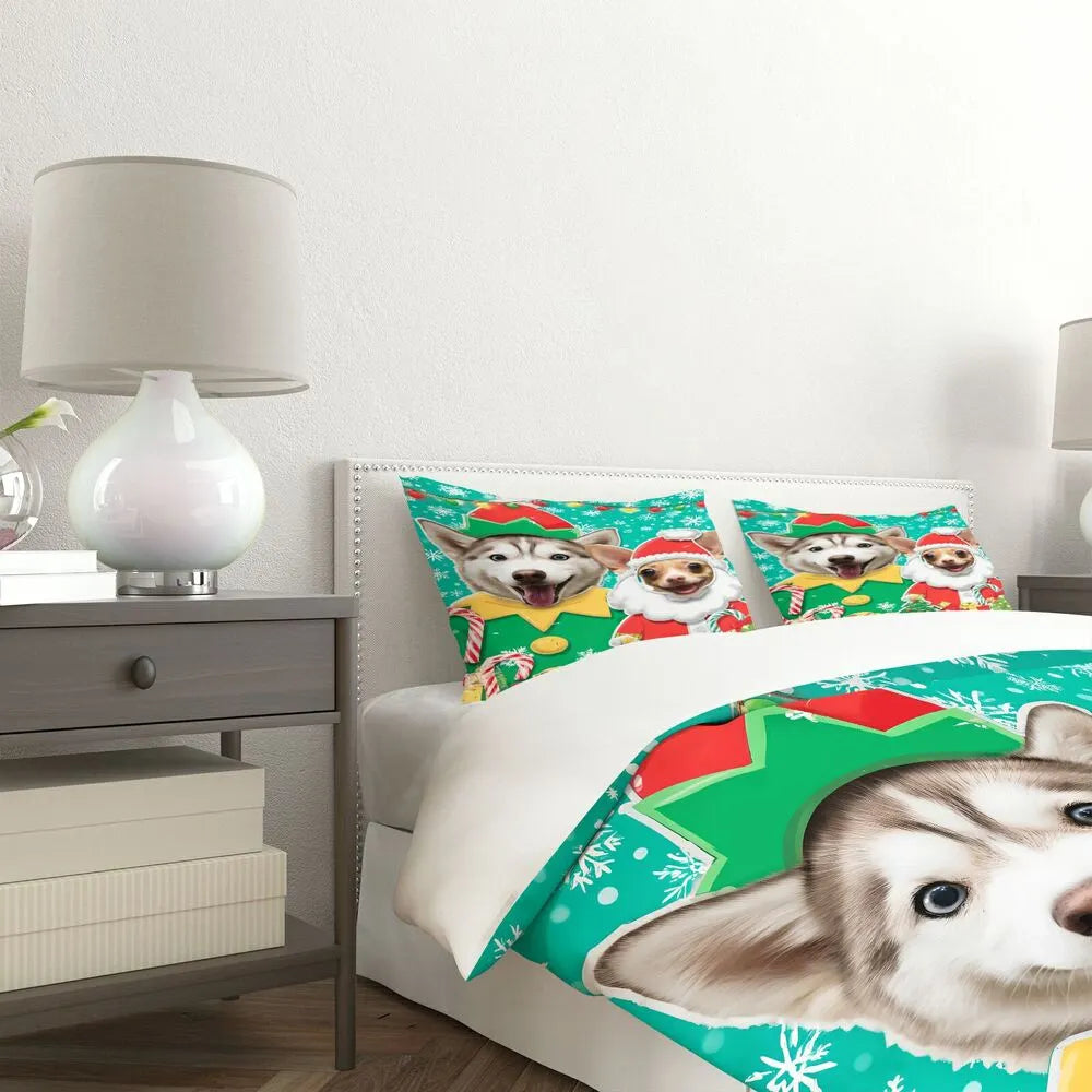 Christmas Funny Husky Chihuahua Santa Elf Teal Christmas Gift Duvet Cover Set Kids Bedding Set