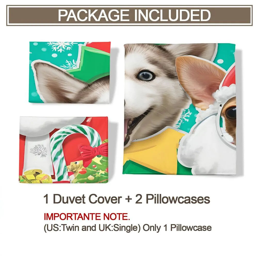 Christmas Funny Husky Chihuahua Santa Elf Teal Christmas Gift Duvet Cover Set Kids Bedding Set