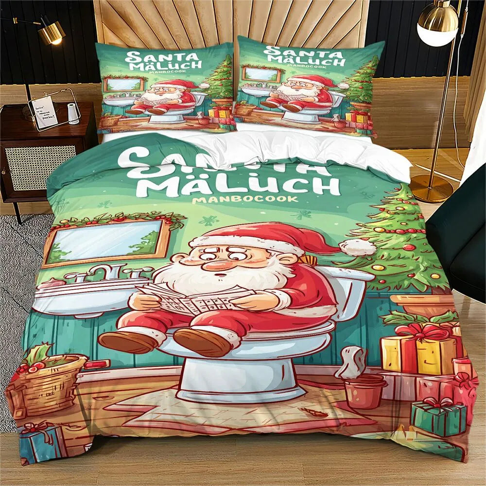 Christmas Funny Santa Toilet Humor Green Christmas Gift Duvet Cover Set Kids Bedding Set