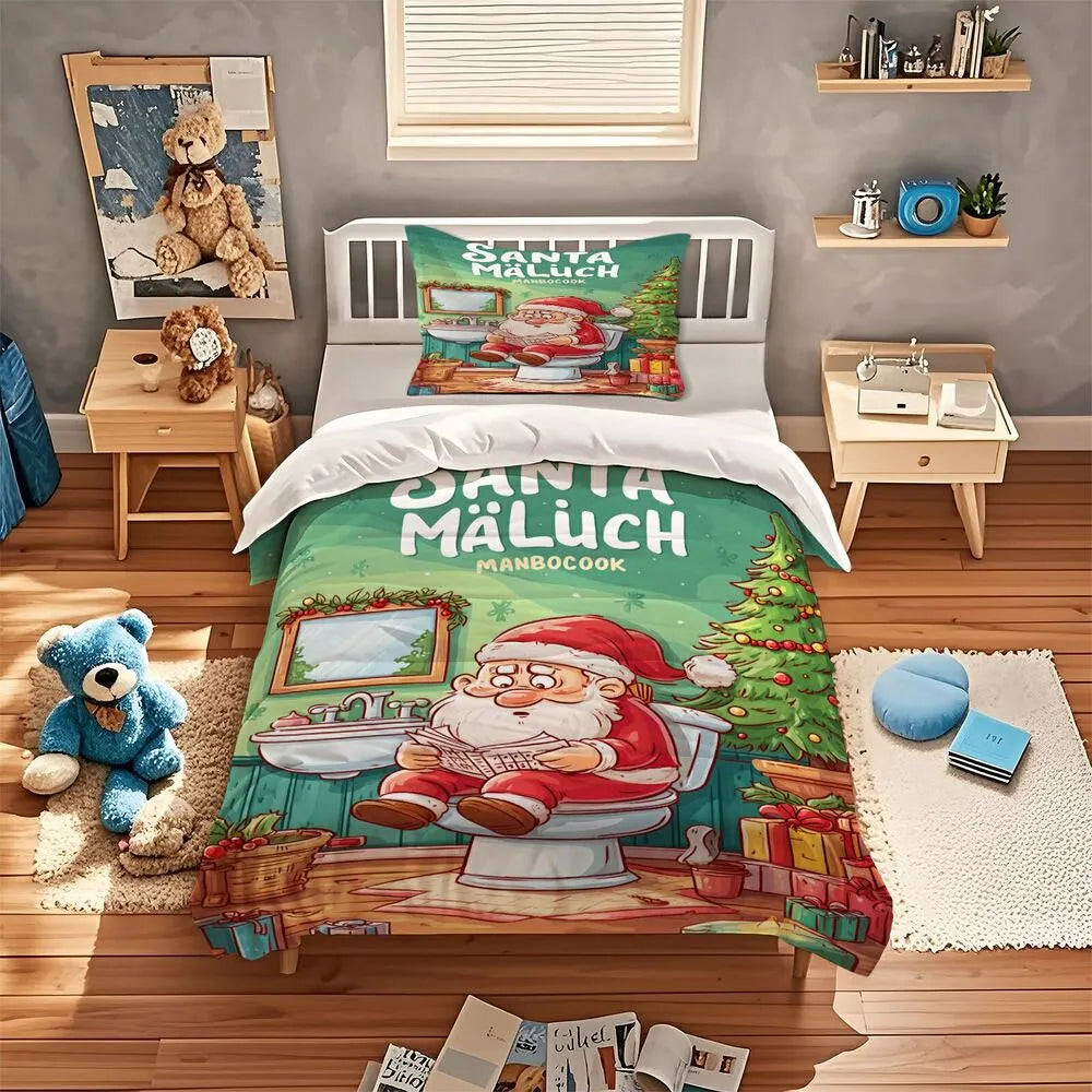 Christmas Funny Santa Toilet Humor Green Christmas Gift Duvet Cover Set Kids Bedding Set