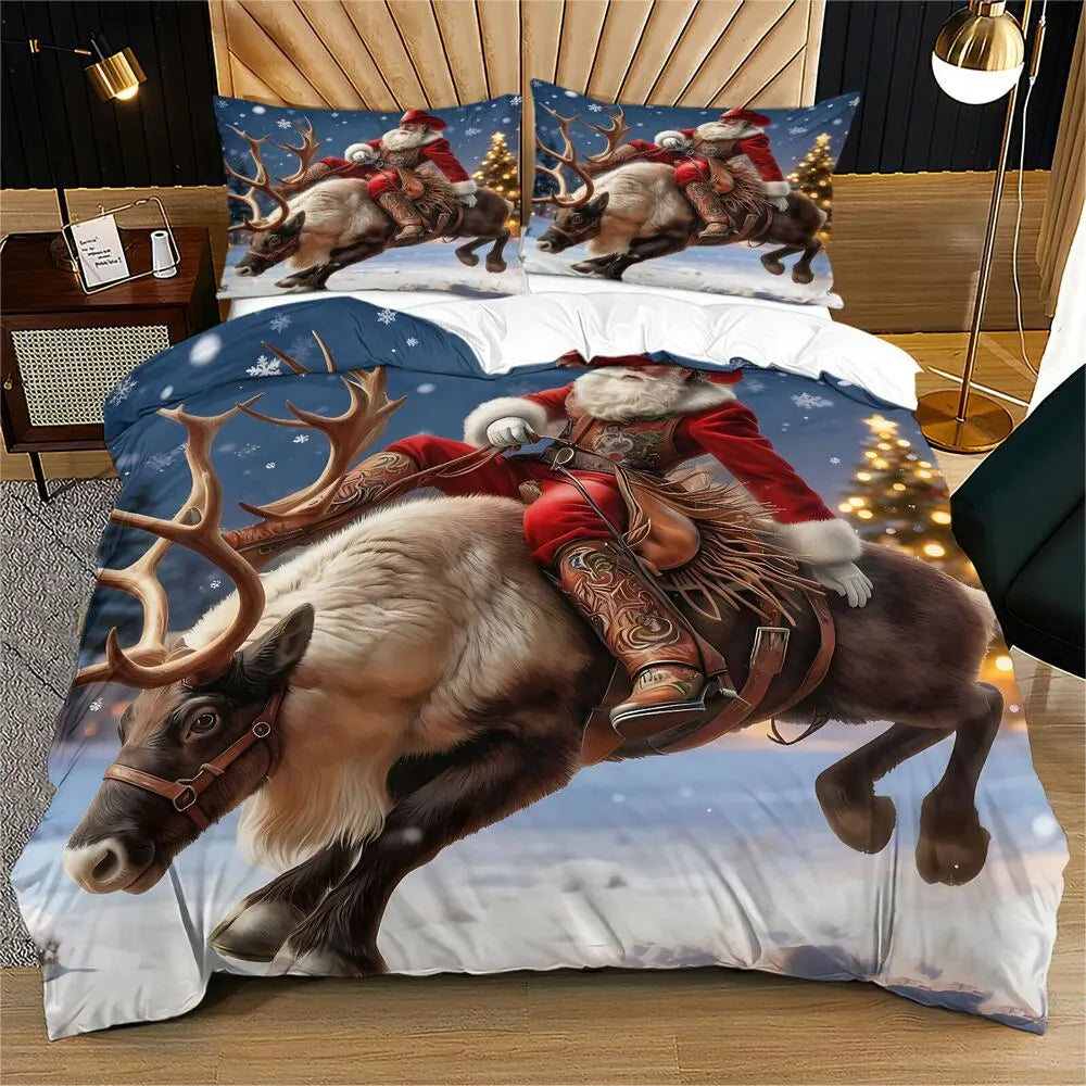 Christmas Gift Cowboy Santa Riding Reindeer Festive Bedding Set