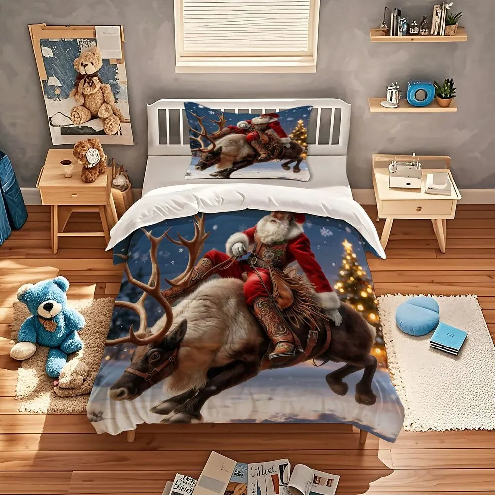 Christmas Gift Cowboy Santa Riding Reindeer Festive Bedding Set