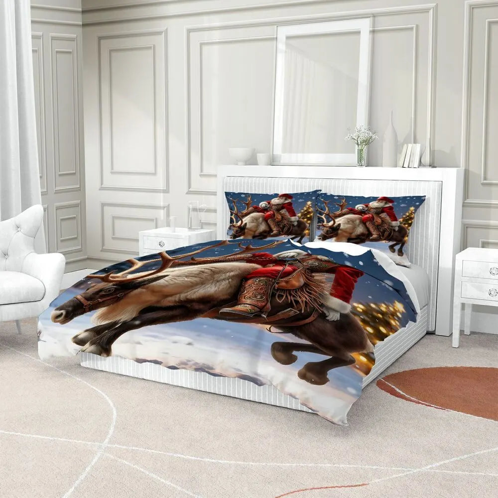 Christmas Gift Cowboy Santa Riding Reindeer Festive Bedding Set