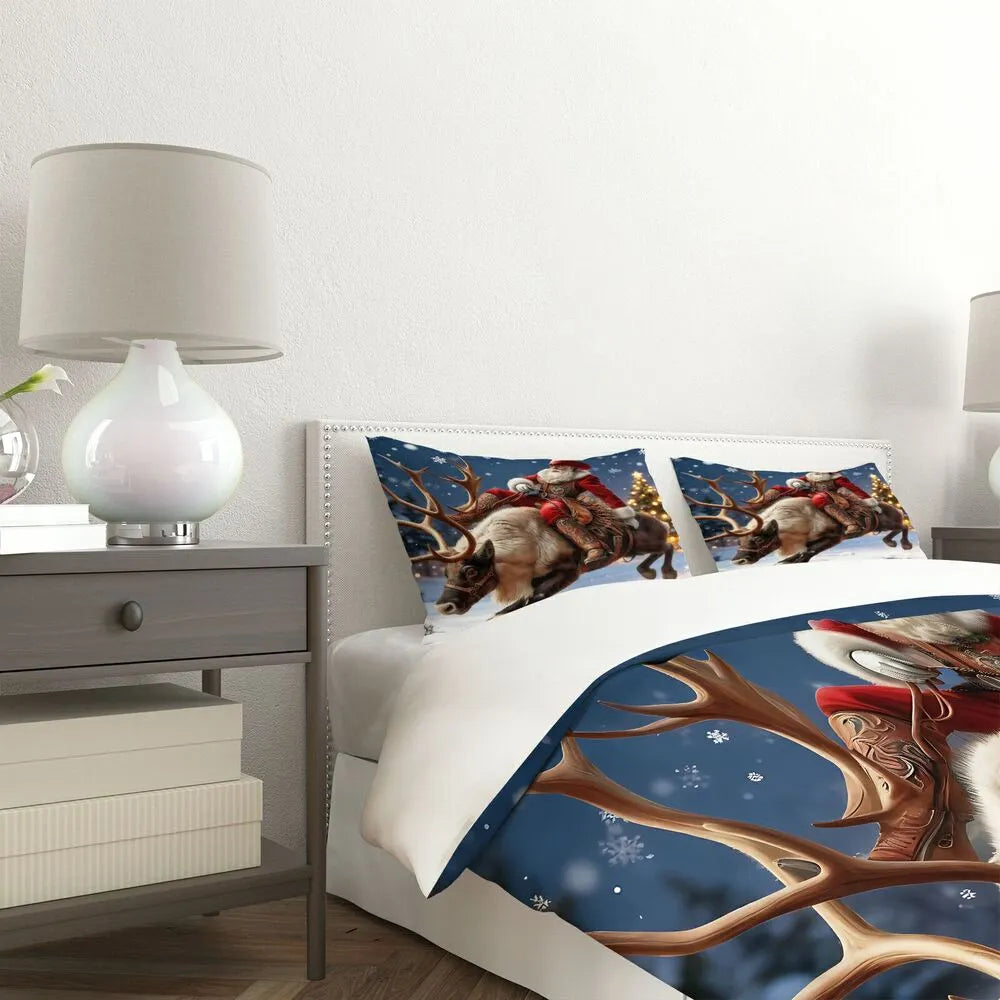Christmas Gift Cowboy Santa Riding Reindeer Festive Bedding Set