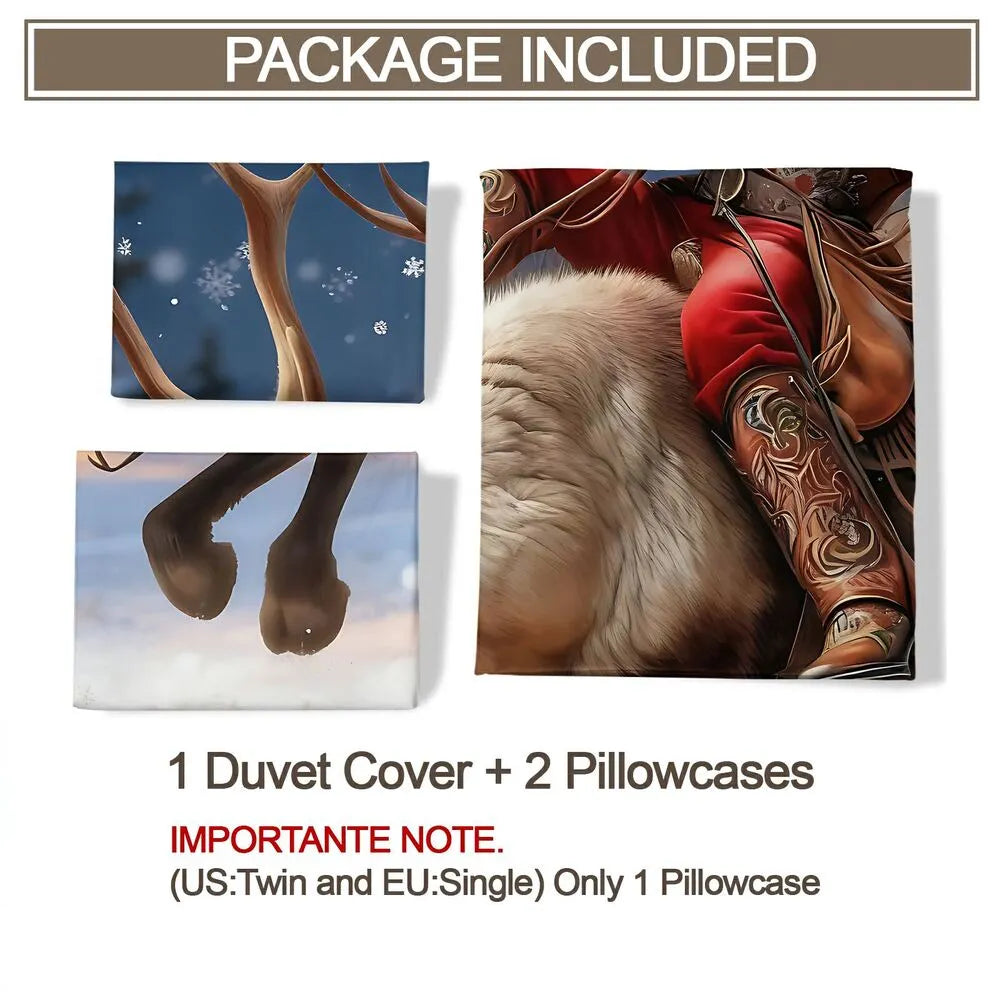 Christmas Gift Cowboy Santa Riding Reindeer Festive Bedding Set