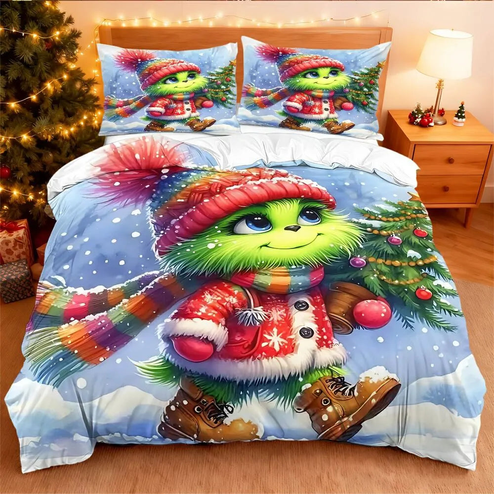 Christmas Gift Cute Grinch with Christmas Tree Festive Bedding Set