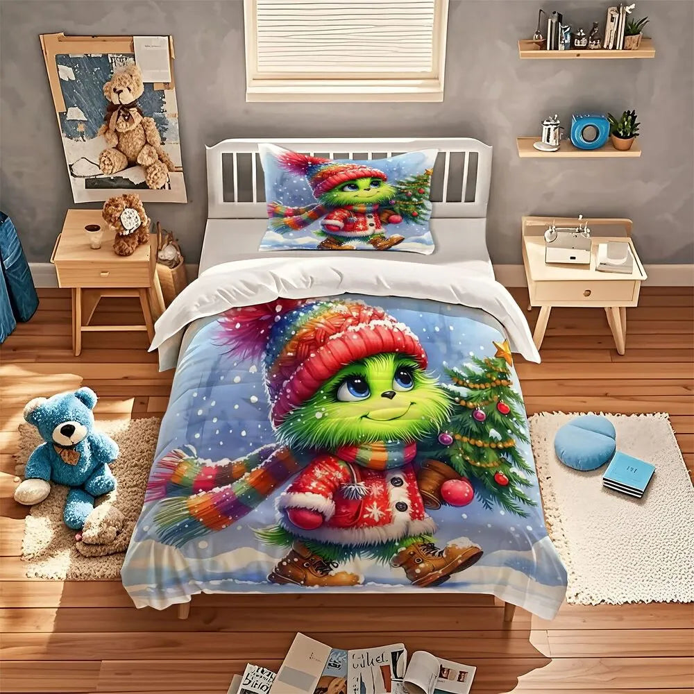 Christmas Gift Cute Grinch with Christmas Tree Festive Bedding Set