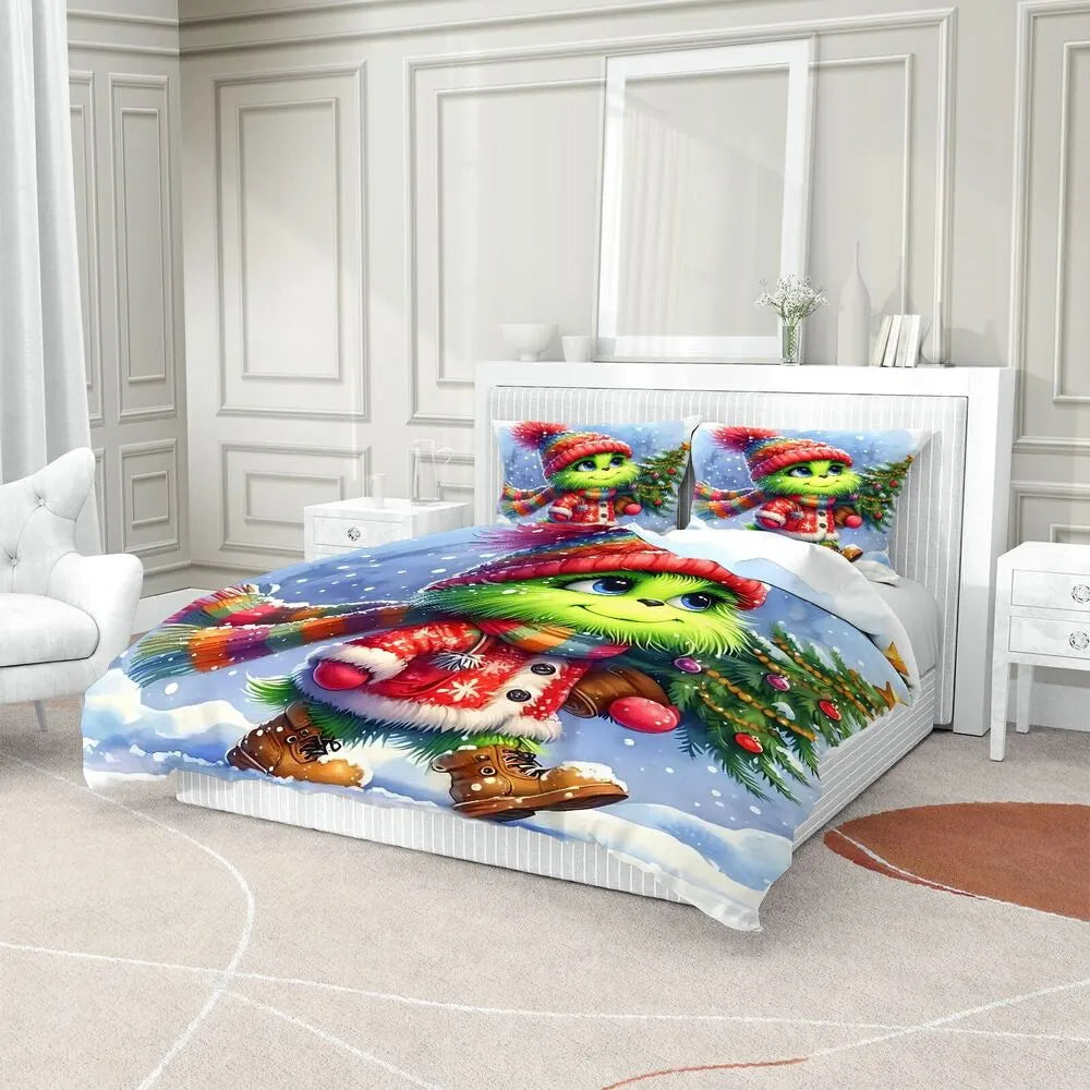 Christmas Gift Cute Grinch with Christmas Tree Festive Bedding Set