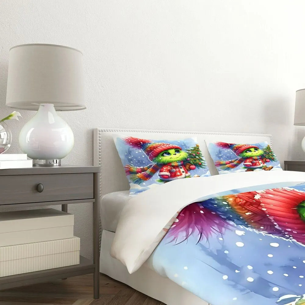 Christmas Gift Cute Grinch with Christmas Tree Festive Bedding Set