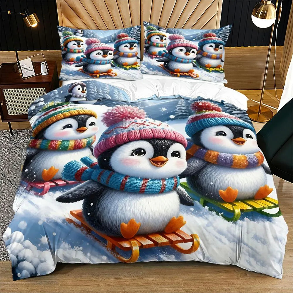 Christmas Gift Cute Penguin Sledding Bedding Set
