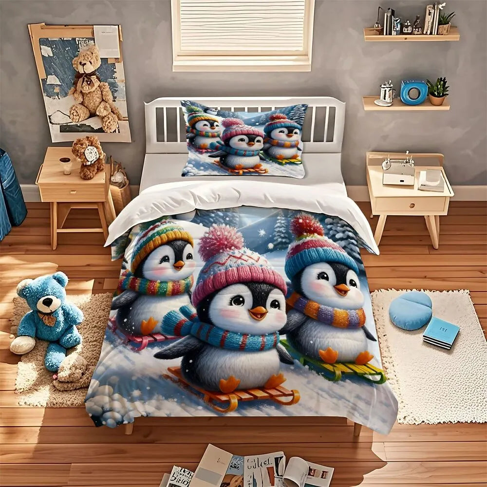 Christmas Gift Cute Penguin Sledding Bedding Set