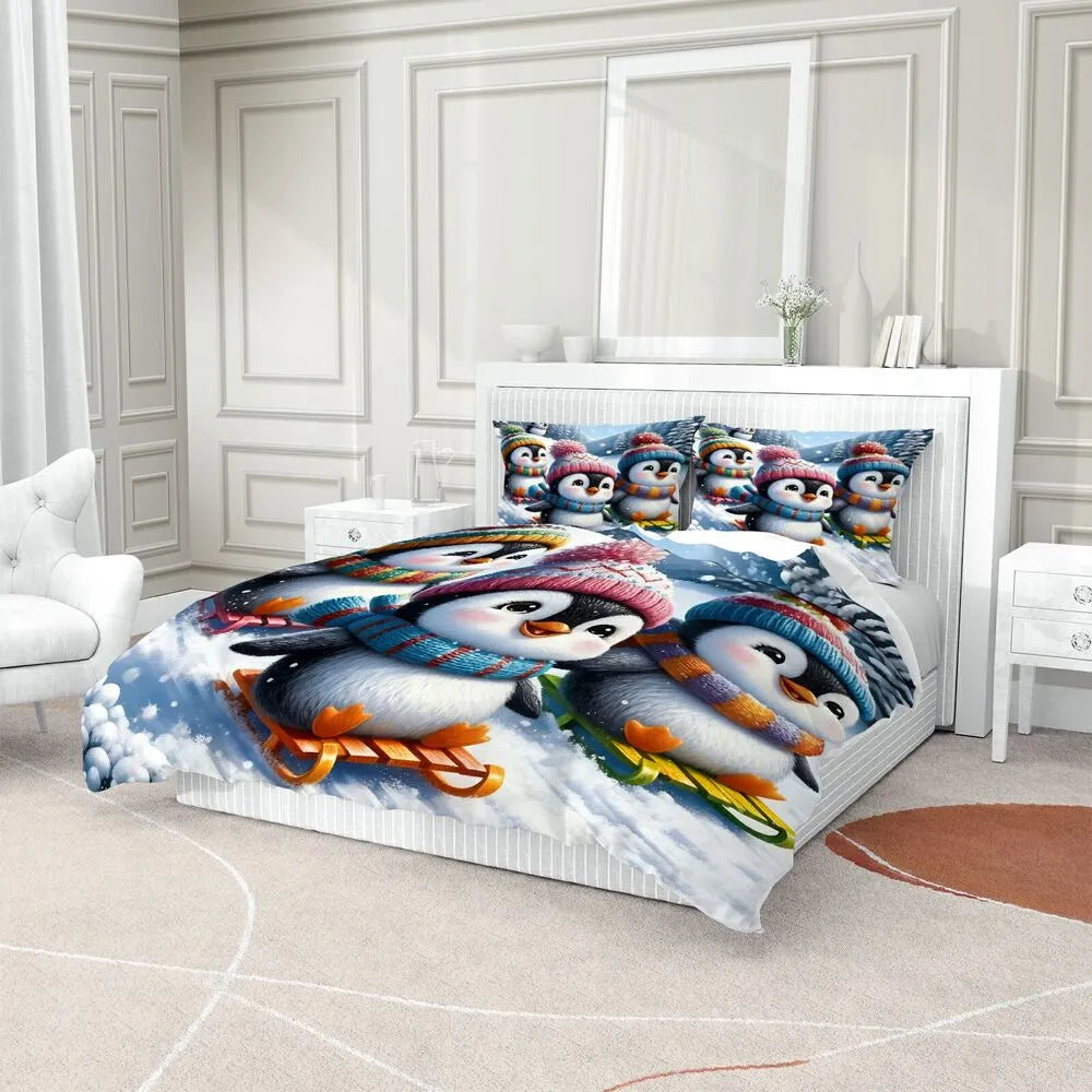 Christmas Gift Cute Penguin Sledding Bedding Set