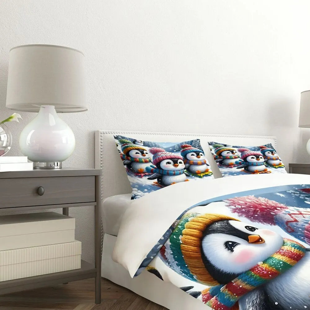 Christmas Gift Cute Penguin Sledding Bedding Set
