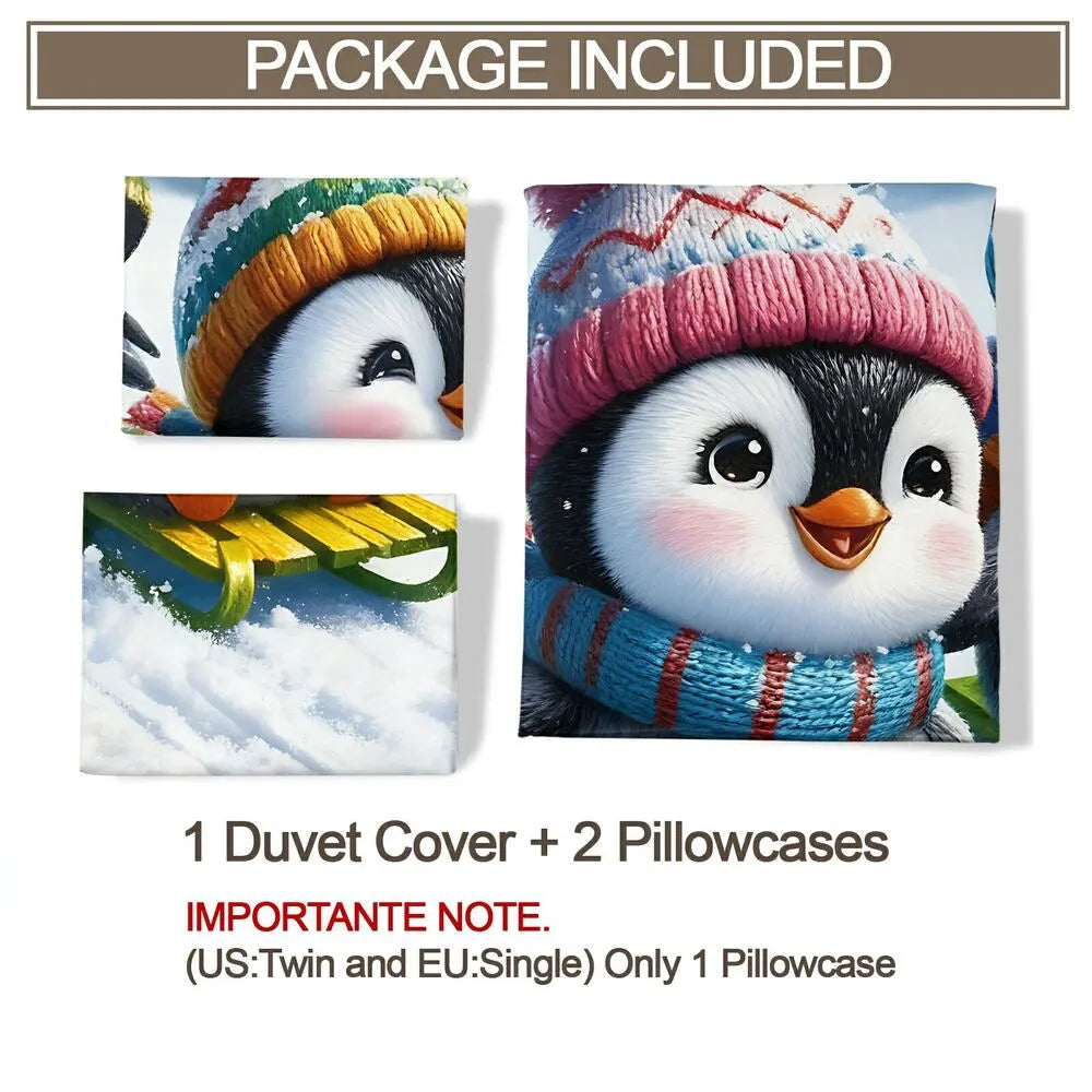 Christmas Gift Cute Penguin Sledding Bedding Set