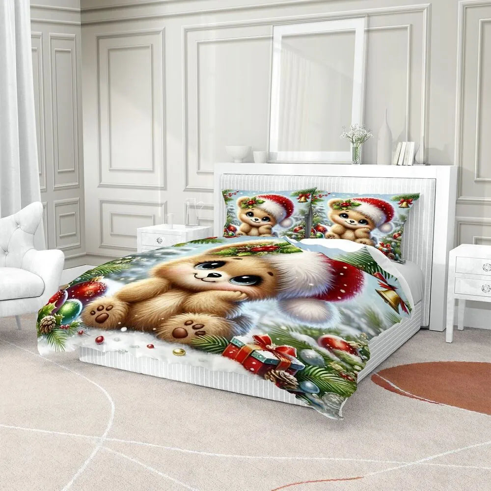 Christmas Gift Cute Teddy Bear Santa Festive Bedding Set