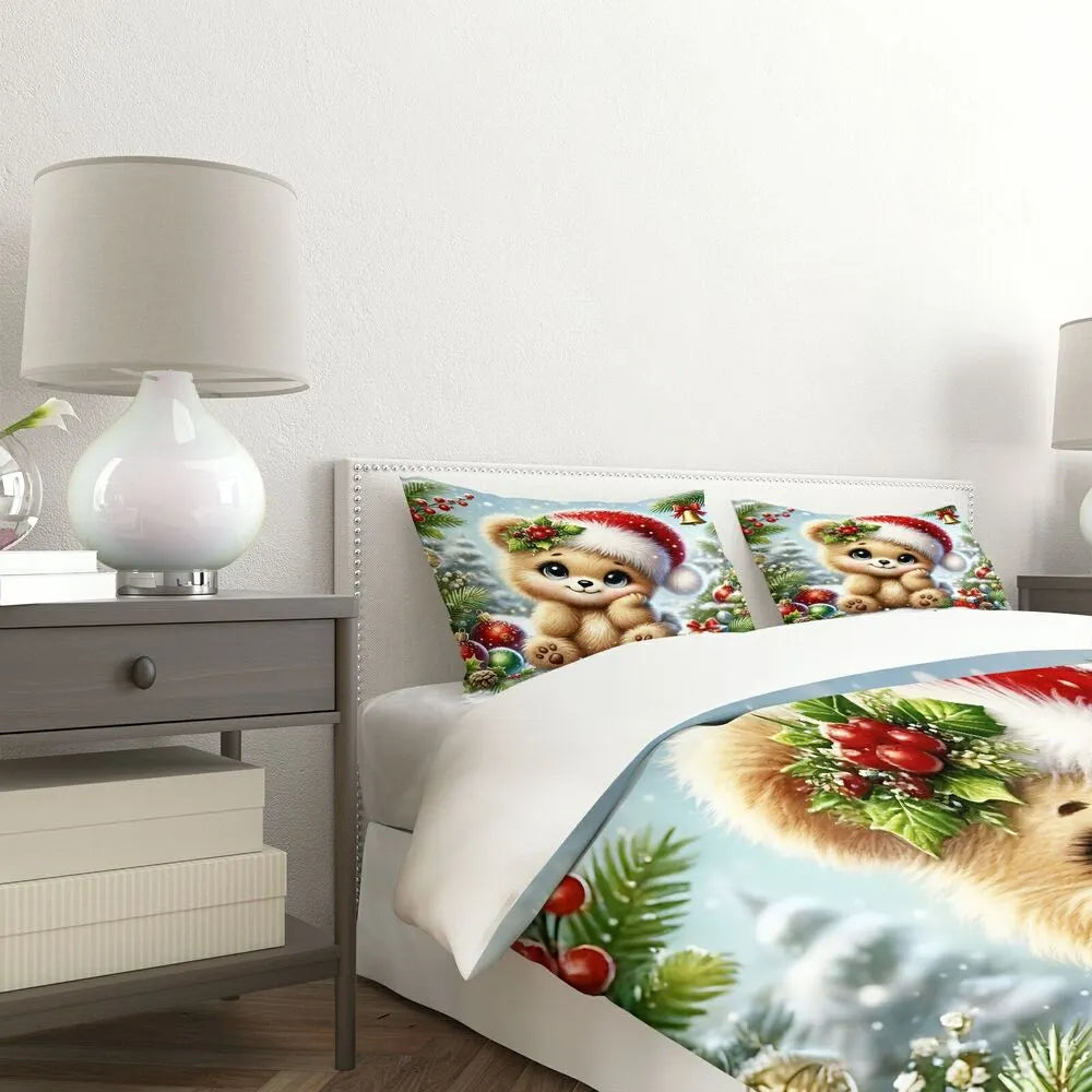 Christmas Gift Cute Teddy Bear Santa Festive Bedding Set