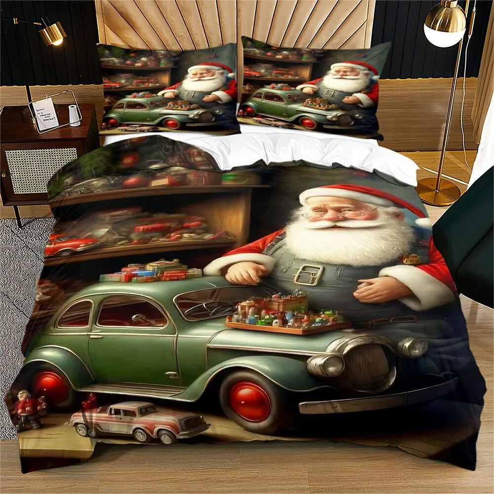 Christmas Gift Retro Santa with Vintage Car Festive Bedding Set