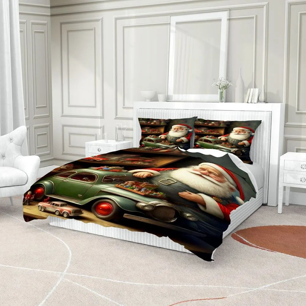 Christmas Gift Retro Santa with Vintage Car Festive Bedding Set