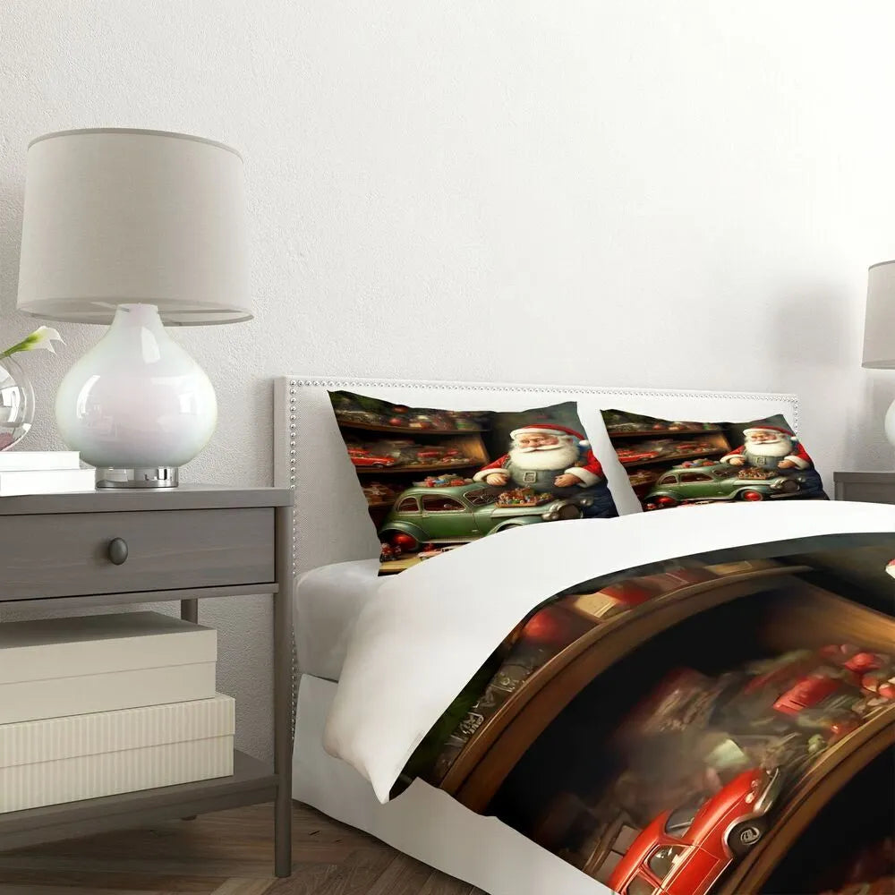 Christmas Gift Retro Santa with Vintage Car Festive Bedding Set