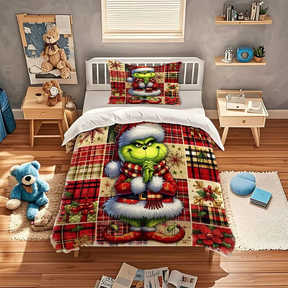 Christmas Gift The Grinch Plaid Festive Bedding Set
