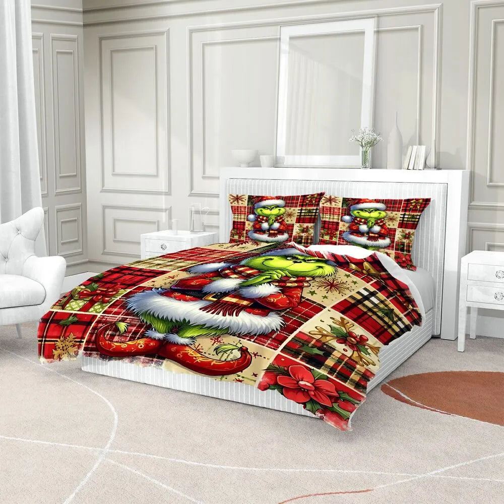 Christmas Gift The Grinch Plaid Festive Bedding Set