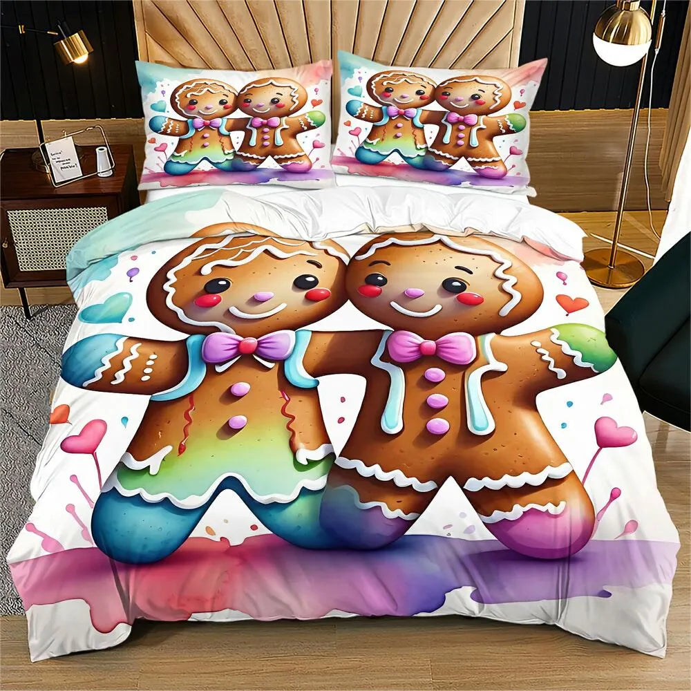 Christmas Gingerbread Couple Rainbow Christmas Gift Duvet Cover Set Kids Bedding Set
