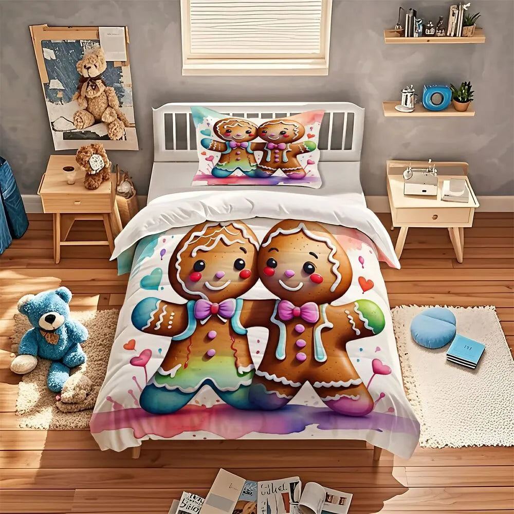Christmas Gingerbread Couple Rainbow Christmas Gift Duvet Cover Set Kids Bedding Set