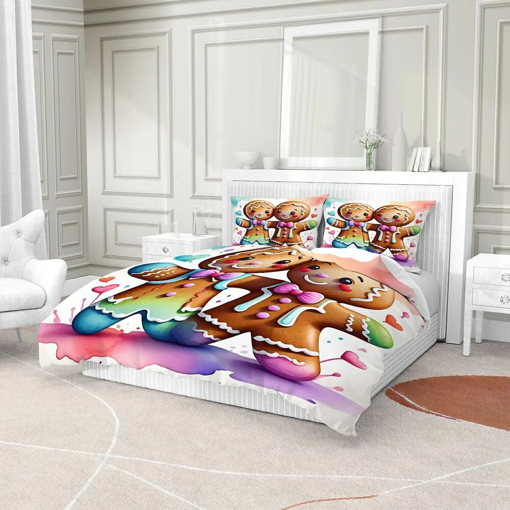 Christmas Gingerbread Couple Rainbow Christmas Gift Duvet Cover Set Kids Bedding Set