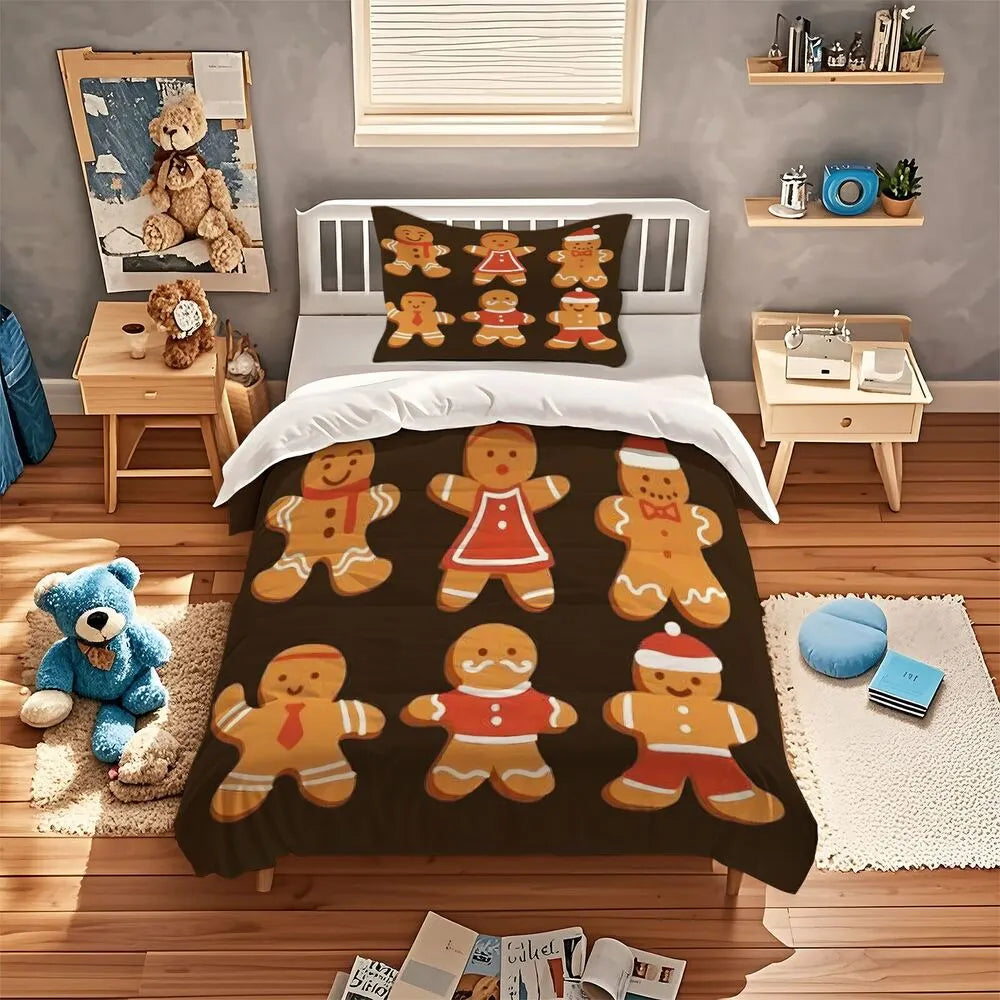 Christmas Gingerbread Family Brown Christmas Gift Duvet Cover Set Kids Bedding Set