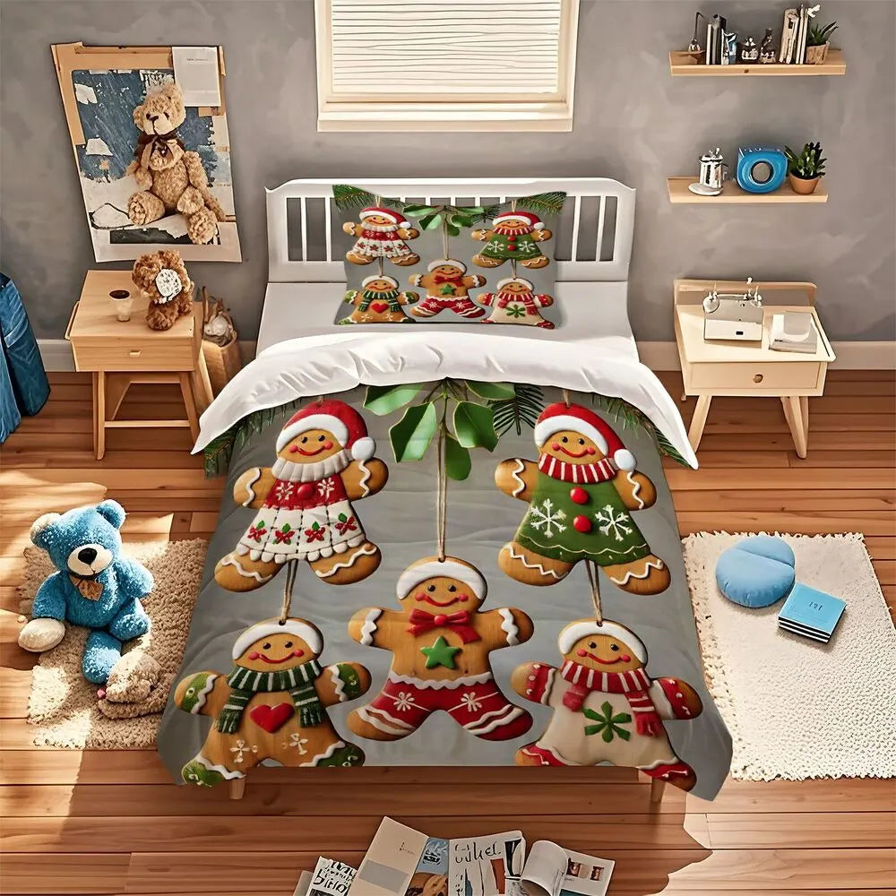 Christmas Gingerbread Family Hanging Ornaments Christmas Gift Duvet Cover Set Kids Bedding Set