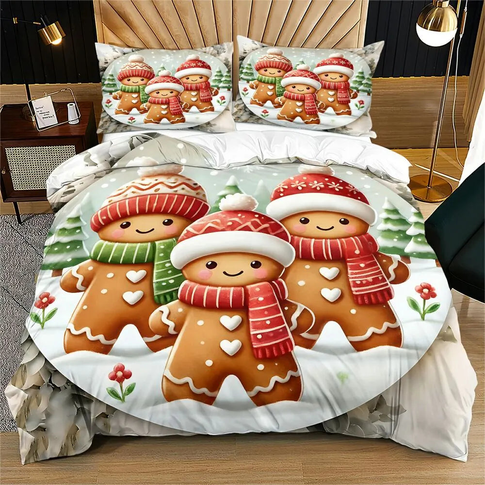 Christmas Gingerbread Family Snow Scene Christmas Gift Duvet Cover Set Kids Bedding Set