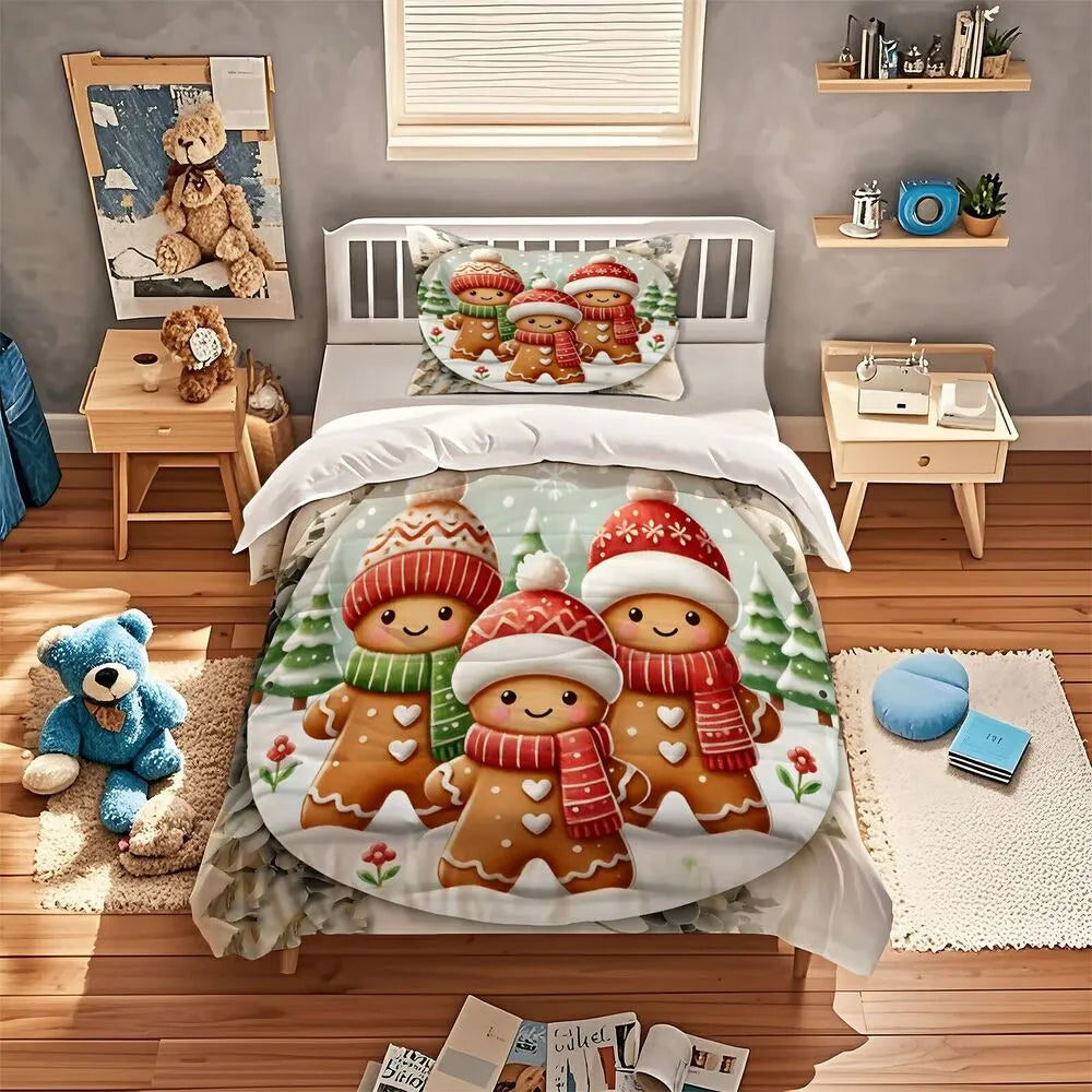 Christmas Gingerbread Family Snow Scene Christmas Gift Duvet Cover Set Kids Bedding Set