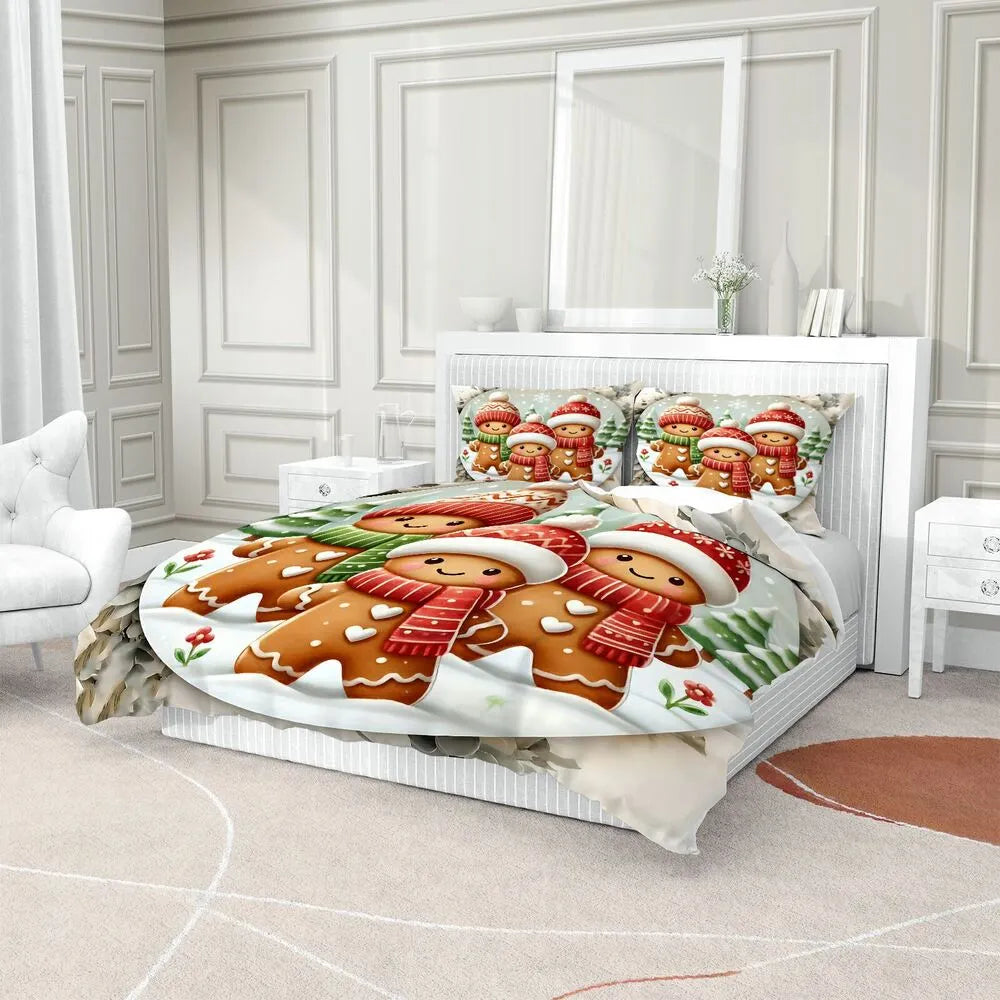 Christmas Gingerbread Family Snow Scene Christmas Gift Duvet Cover Set Kids Bedding Set