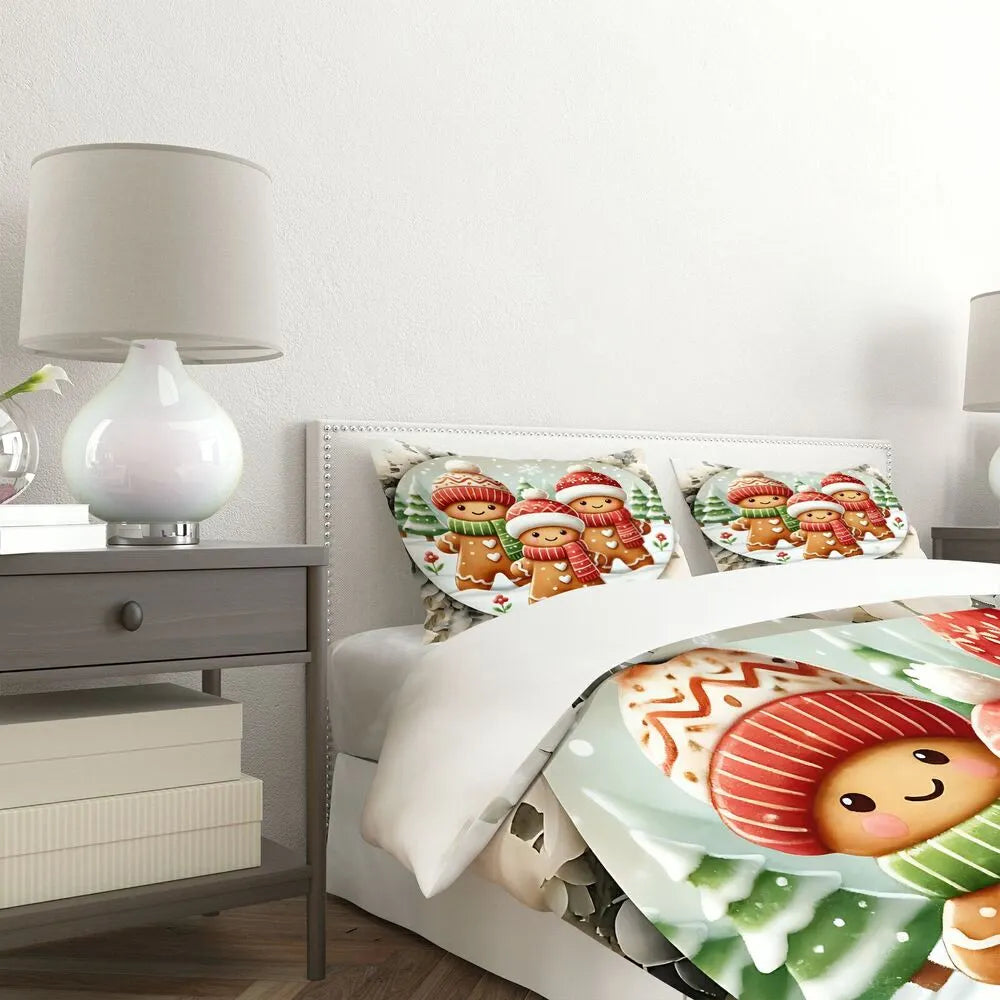 Christmas Gingerbread Family Snow Scene Christmas Gift Duvet Cover Set Kids Bedding Set