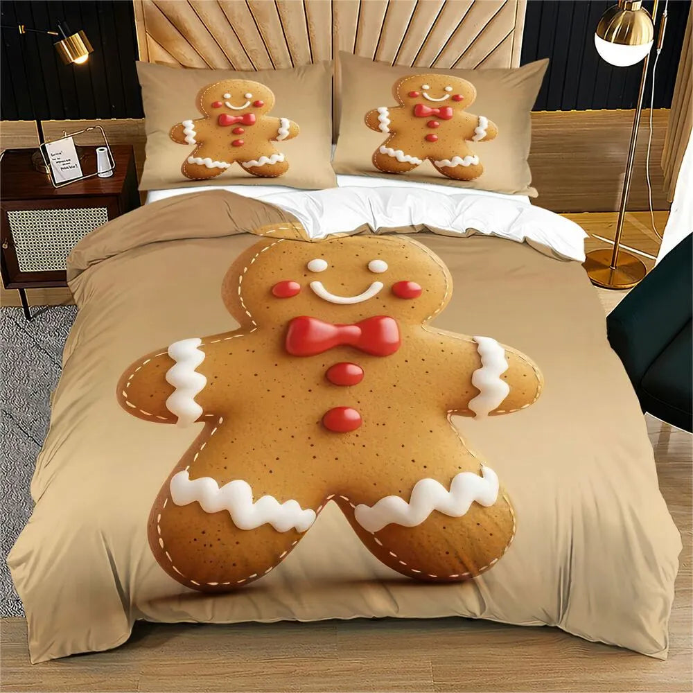 Christmas Gingerbread Man Beige Christmas Gift Duvet Cover Set Kids Bedding Set