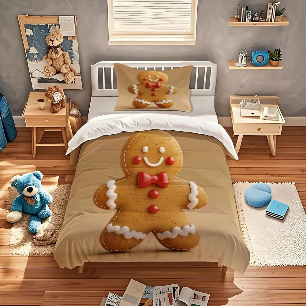 Christmas Gingerbread Man Beige Christmas Gift Duvet Cover Set Kids Bedding Set