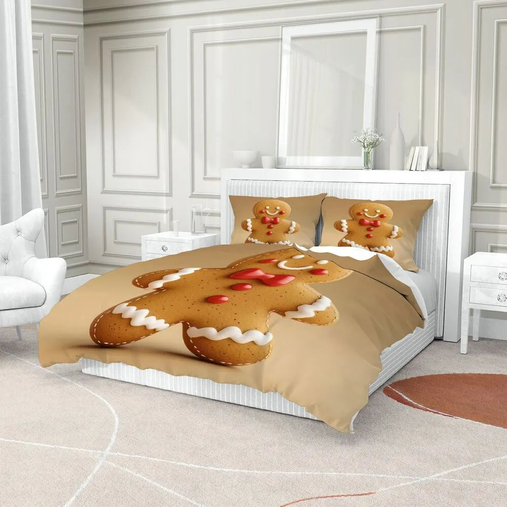 Christmas Gingerbread Man Beige Christmas Gift Duvet Cover Set Kids Bedding Set