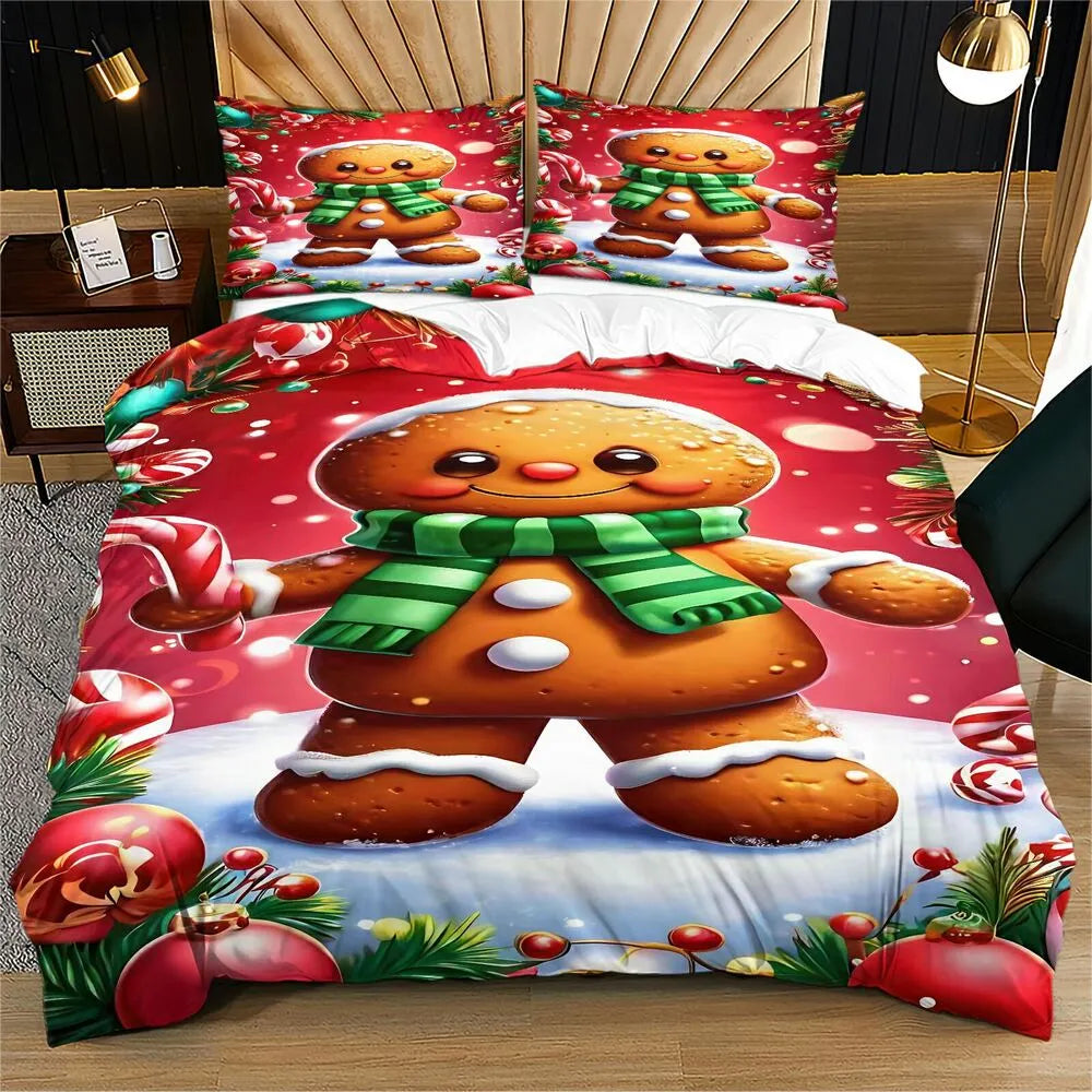 Christmas Gingerbread Man Candy Cane Christmas Gift Duvet Cover Set Kids Bedding Set